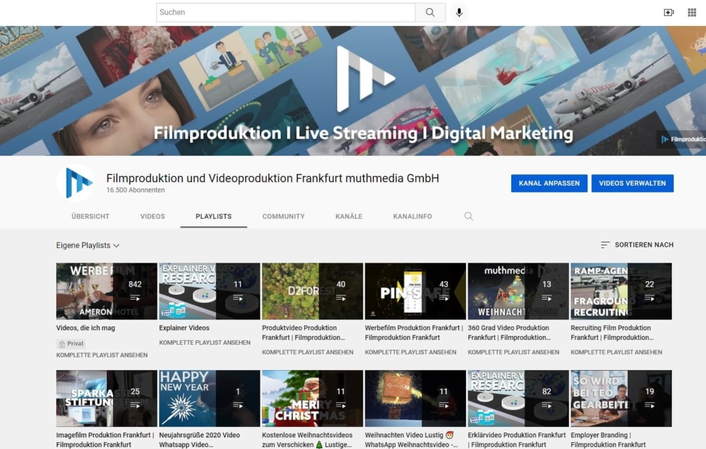 Youtube Playlists der Filmproduktion muthmedia.