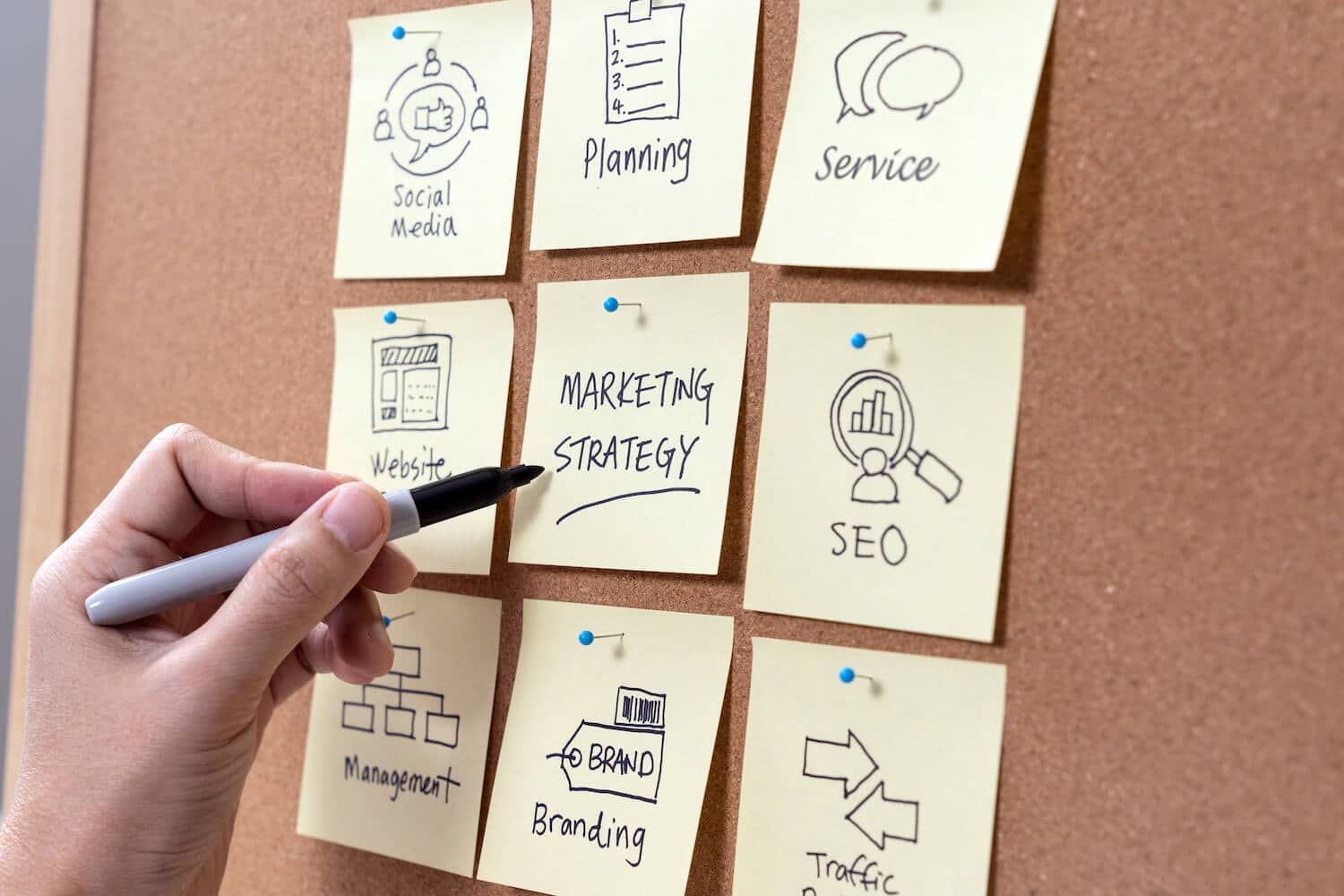 Ein Mann hält einen Stift und beschriftet Post-Its mit verschiedenen Marketingstrategien.