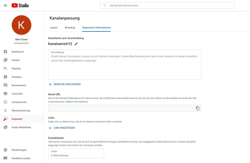YouTube-Kanal erstellen, Schritt 5: Links, E-Mail & Kanalsprache