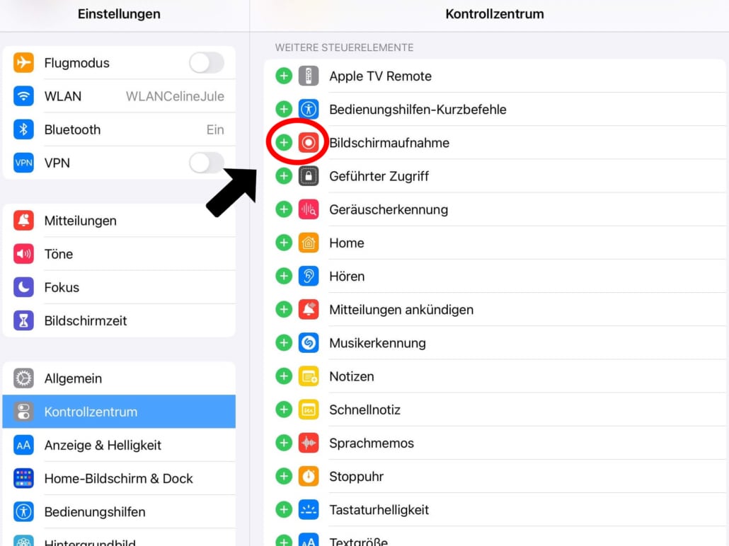 Die iPad Einstellungen des Kontrollzentrums.