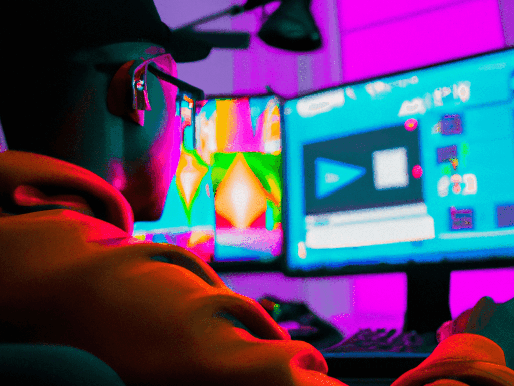 Eine KI-Illustration einer Person mit einem roten Hoodie, die ein KI-Video schneidet.