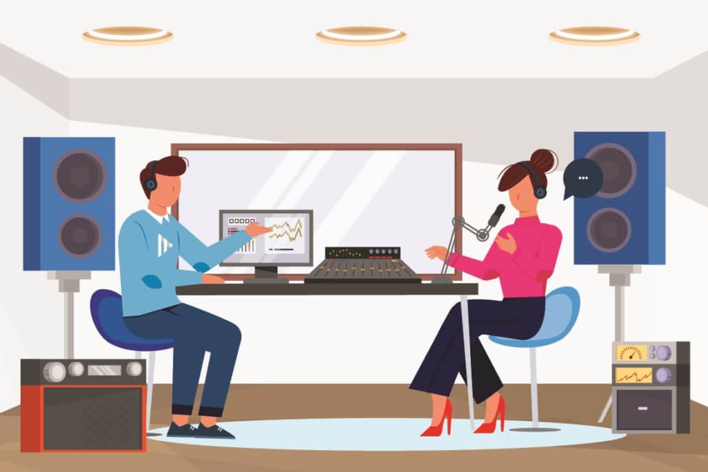 Eine Illustration zeigt die Podcast Produktion in einem Tonstudio.